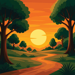 Forest Sunset Landscape Vector – Path Through Trees with Warm Sky and Sun