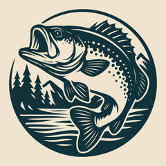 Retro Fishing Badge with Jumping Bass – Wilderness Landscape and Fish Logo Vector