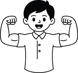 Strong man flexing bicep muscles, a line art illustration for health, power, and confidence.