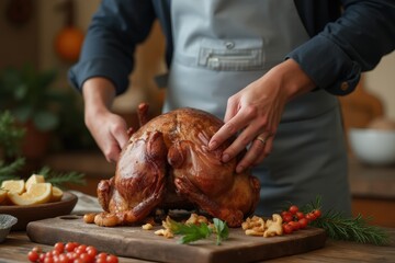 Man removing guts from turkey