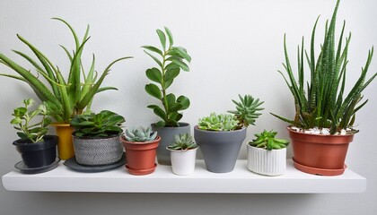 assorted potted succulents and greenery displayed on white shelf against a white wall background