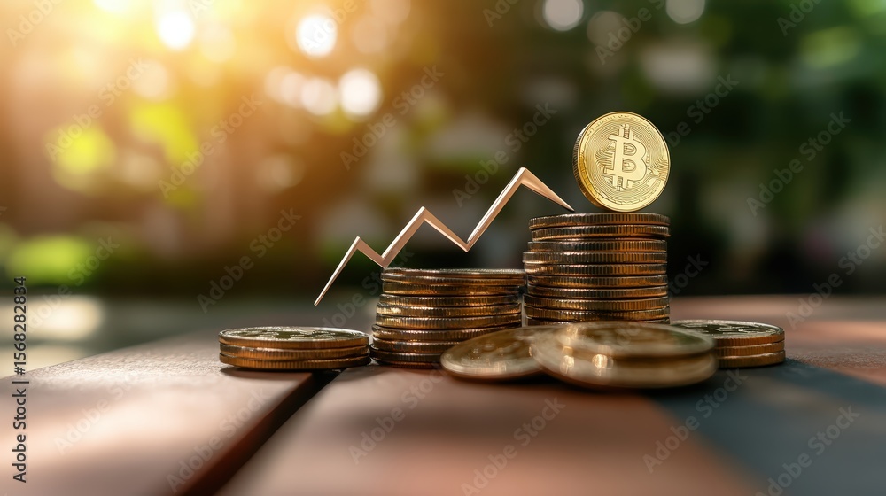 Poster stack of coins with a bitcoin coin on top and a financial growth graph in a natural outdoor setting