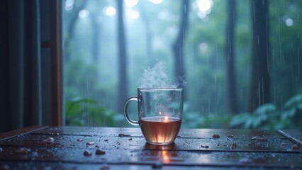 Serene Rainy Day: Warm Tea, Glass Mug, Wooden Table, Atmospheric Mood