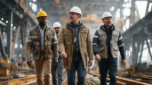 Team of engineers inspecting factory or plant with safety gear, top managers in protective helmets walk inside industrial building