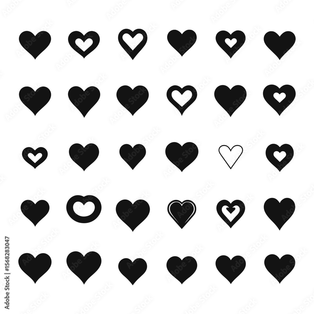Aufkleber array of 24 black hearts in 5 rows a variety of styles and shapes on a white background