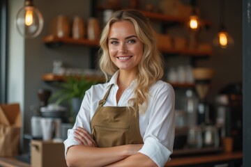 Portrait of blond woman- standing in front of her own coffee shop