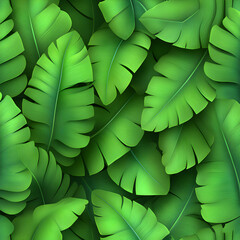 Close-up of numerous green tropical leaves.