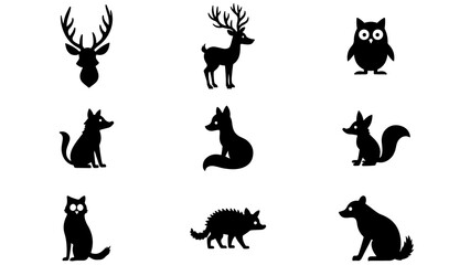 Collection of cute black animal silhouettes on a white background