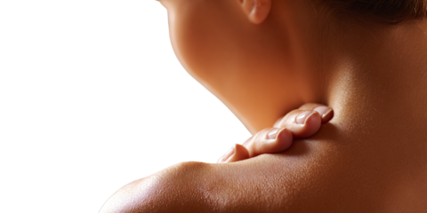 Woman massaging her neck for pain relief and muscle tension Concept of selfcare, wellness, and stress reduction