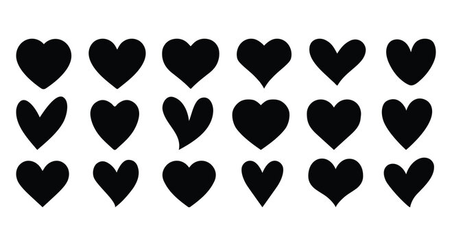 An array of 18 black heart shapes in three rows against a white backdrop