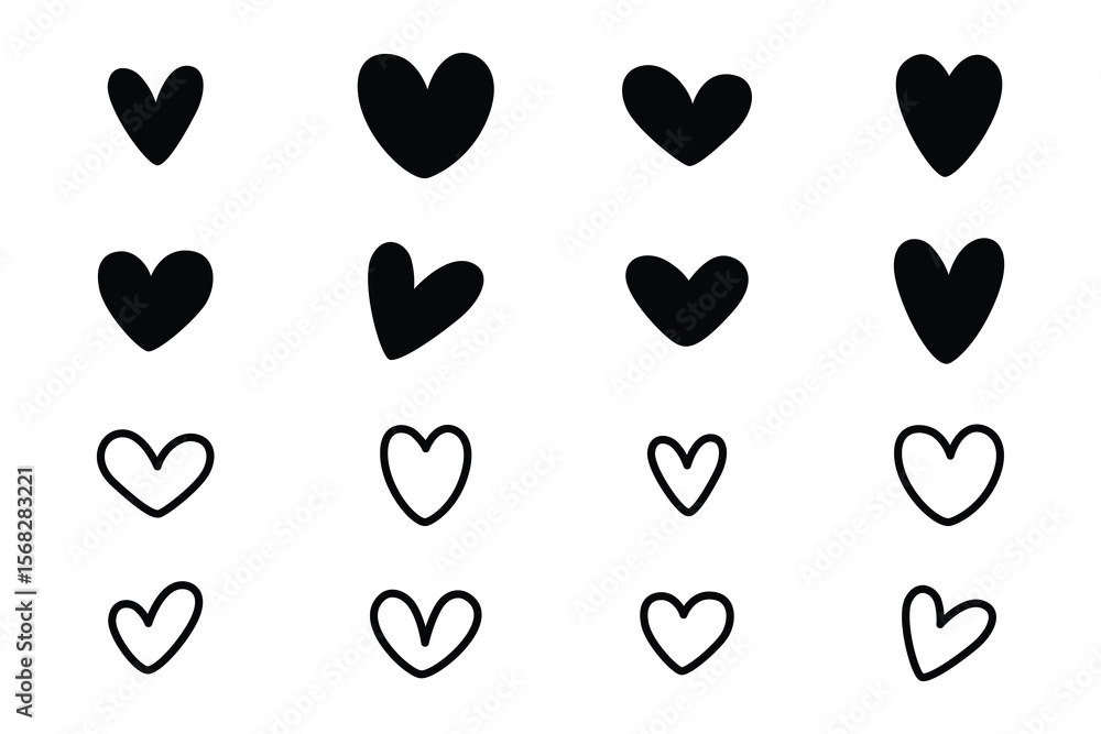 Poster hearts in varied shapes filled or outlined arranged in a grid on a white background
