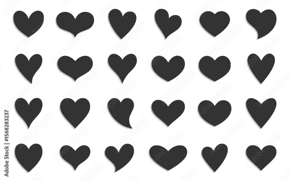 Poster gray hearts in a grid pattern each with subtle white drop shadows on a white background