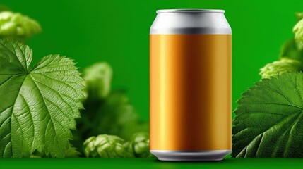 Blank orange soda can with hops and green leaves on bright background