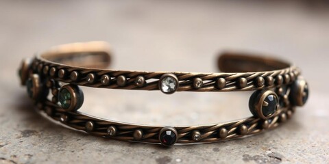 Antique bronze cuff bracelet with assorted faceted gemstones and bead accents