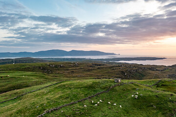 Aerial view of Dunmore Head by Portnoo in County Donegal, Ireland.