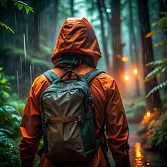 Young man in a hood walking in nature