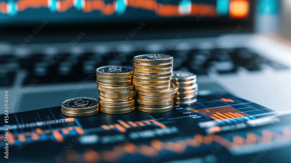 Poster stacked coins placed on financial graph paper with laptop keyboard in background illustrating financ