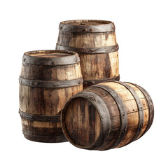 Fototapeta premium Three wooden barrels arranged against a white background representing aged products for beverages