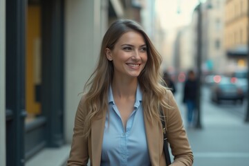 Confident young businesswoman walking on city sidewalk