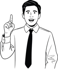 Businessman has a great idea illustration, pointing a finger up for a solution or eureka moment.