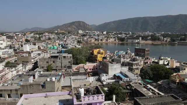 Aerial View of Pushkar Lake and Cityscape at Sunrise, Rajasthan, India