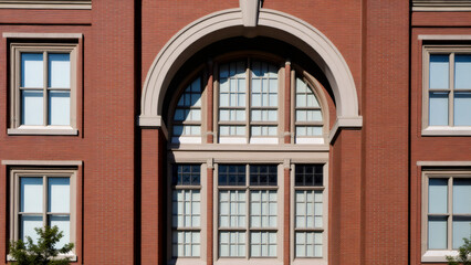 Obraz premium Brick Building Facade with Arch Window and Rectangular Windows