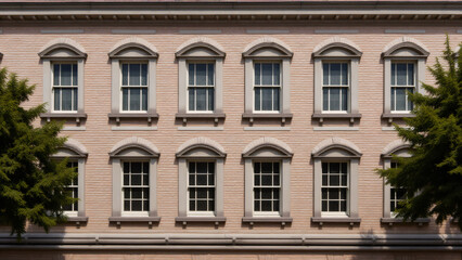 Fototapeta premium Neoclassical Facade with Arched Windows & Brickwork: Architectural Exterior