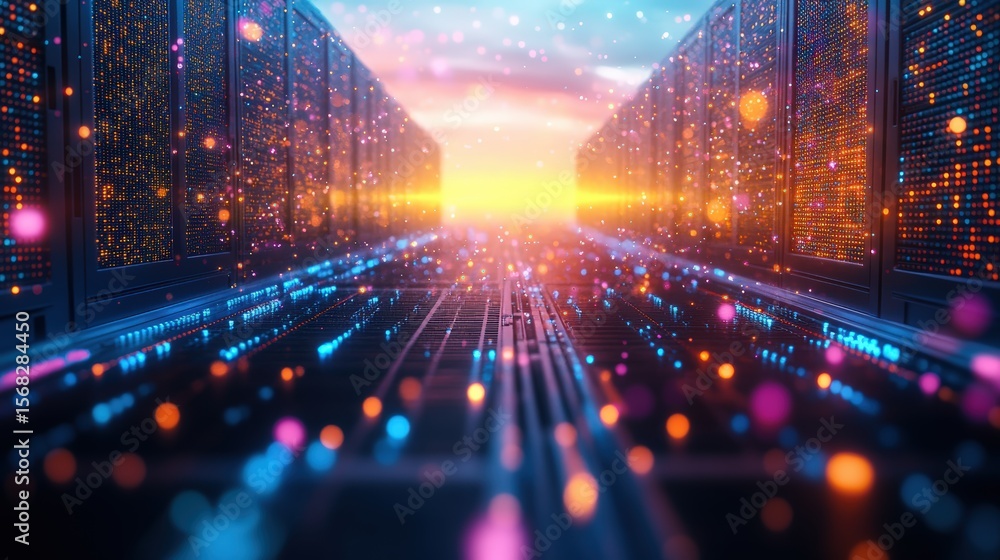 Aufkleber futuristic data center with glowing servers and digital networking environment at sunset