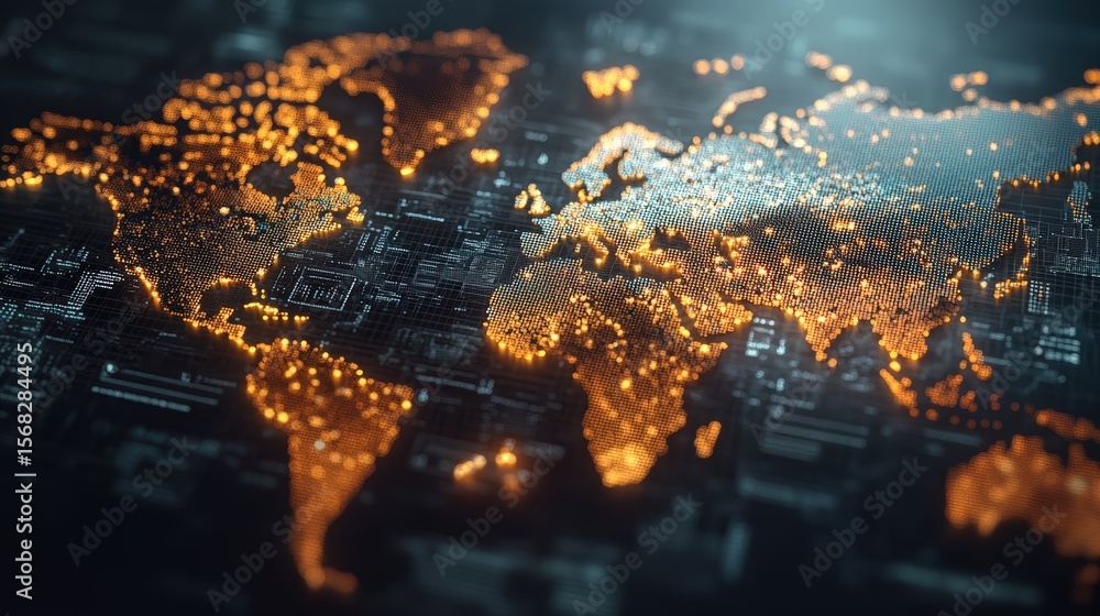 Aufkleber illuminated digital world map with glowing continents and interconnected technology nodes representi