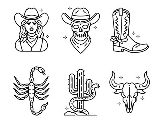 Set of vector western-inspired vector line art illustrations  