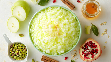 A bowl of light green rice pudding with sliced apples, pomegranate seeds, honey, and spices arranged on a white surface.