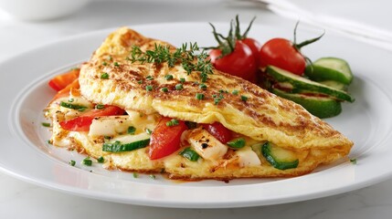 Vegetable Omelet on White Plate with Tomatoes and Cucumber