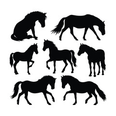 Multiple black silhouette images of horses in various poses against a white background