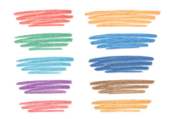 Obraz premium Vibrant abstract colorful crayon scribbles in various hues, ideal for children's designs, playful backgrounds, and artistic projects isolated on transparent background