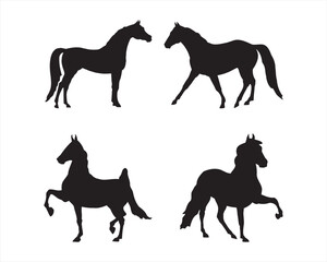 Four silhouettes of horses in varied poses are displayed in a square grid on a white background