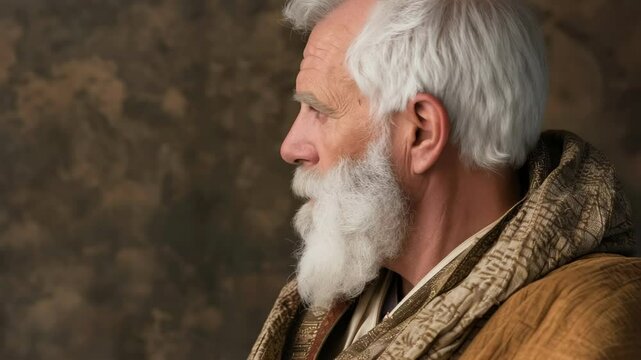 Mature man with white beard dressed in intricate robes poses in a softly lit space reflecting wisdom and character