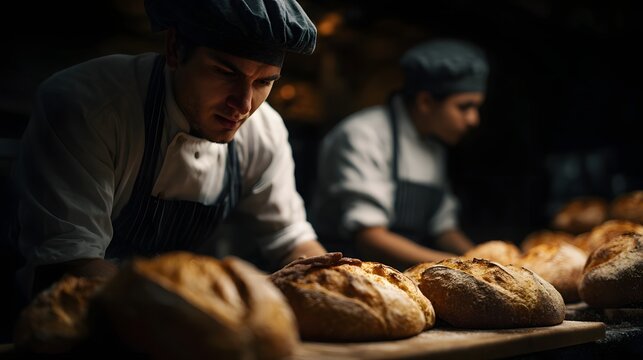 Bakery staff arranging freshly baked bread for morning sale