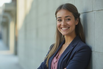 Smiling young woman standing at a wall