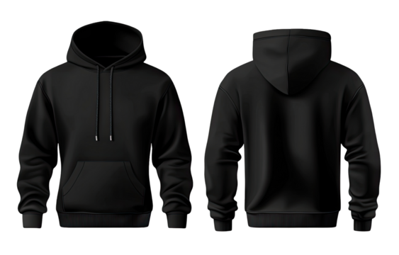 Front and back view of a black hoodie.  Realistic 3D mockup