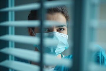 Medical researcher with face mask peeking through window blinds