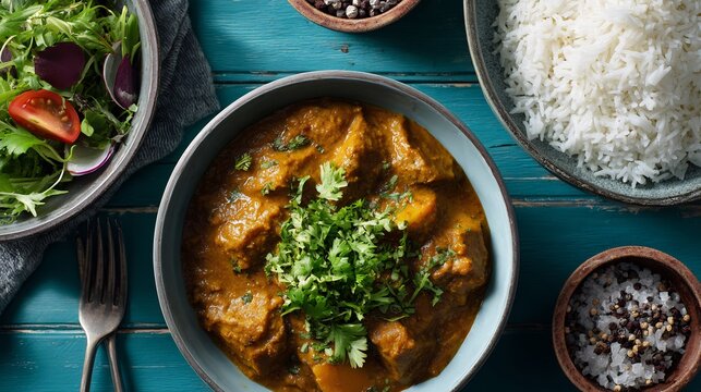 Pakistani arvi curry colocasia root coriander garnish served with white rice and salad in a family lunch setup top down view