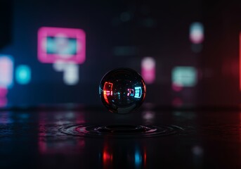 A glossy, dark metallic sphere levitates above a rippling water surface, reflecting the vibrant, blurred neon lights of a futuristic city. The surrounding dark environment enhances the glow of the abs