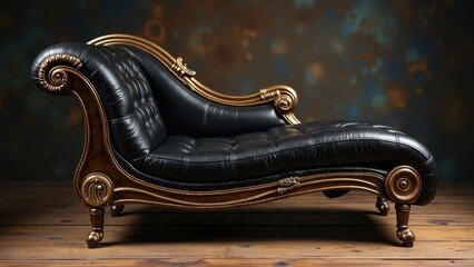 Elegant Black Leather Chaise Lounge with Gilded Accents on Wooden Floor, Luxurious Vintage Style.
