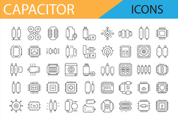 Capacitor Icons for Electronic Circuit Diagrams, Set of Line Art Symbols


