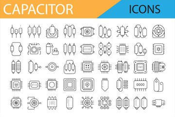  Collection of Various Capacitor Icons for Electronics Schematics and Diagrams, Modern Technology Components Symbols, Simple Line Art Illustrations