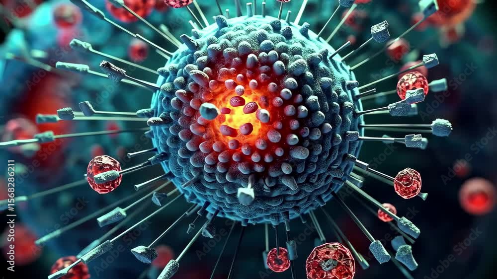 Poster dynamic animation showcasing the structure of a virus with intricate details and vibrant colors in a