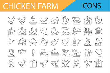 Various Chicken Farm and Poultry Farming Equipment Icons in Simple Line Art   © MDSUMON