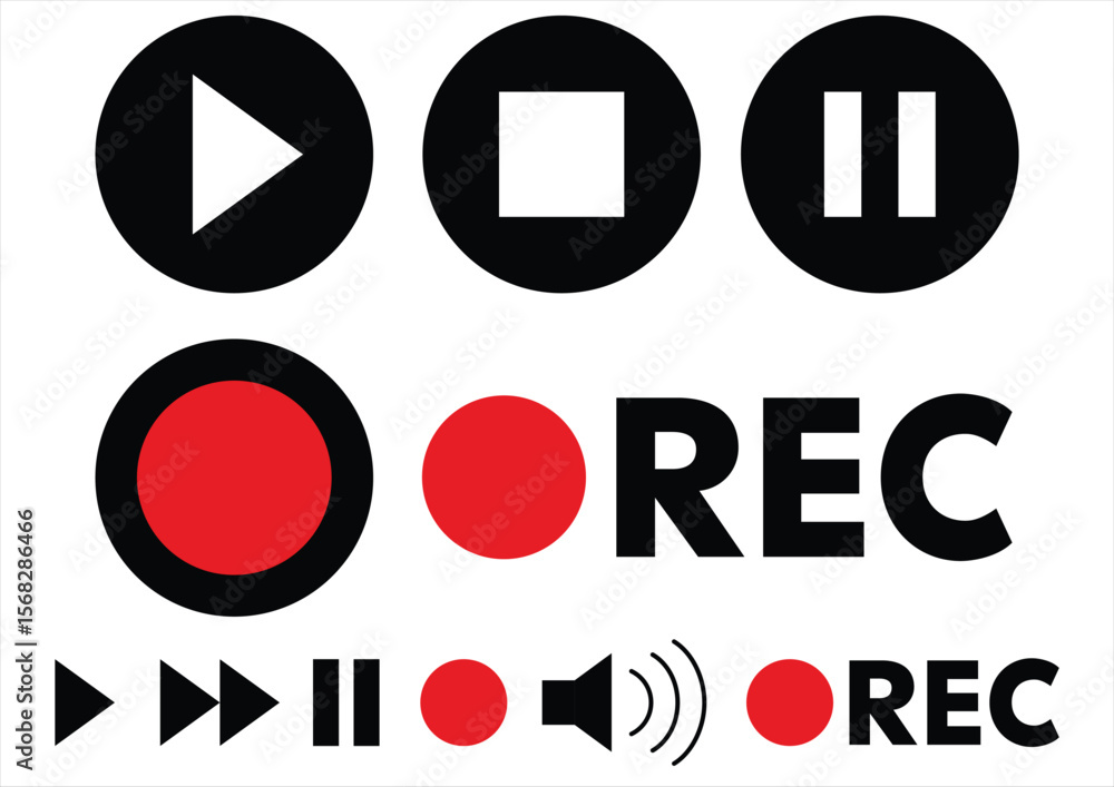 Poster play stop pause record and volume symbols form a bold clear graphic