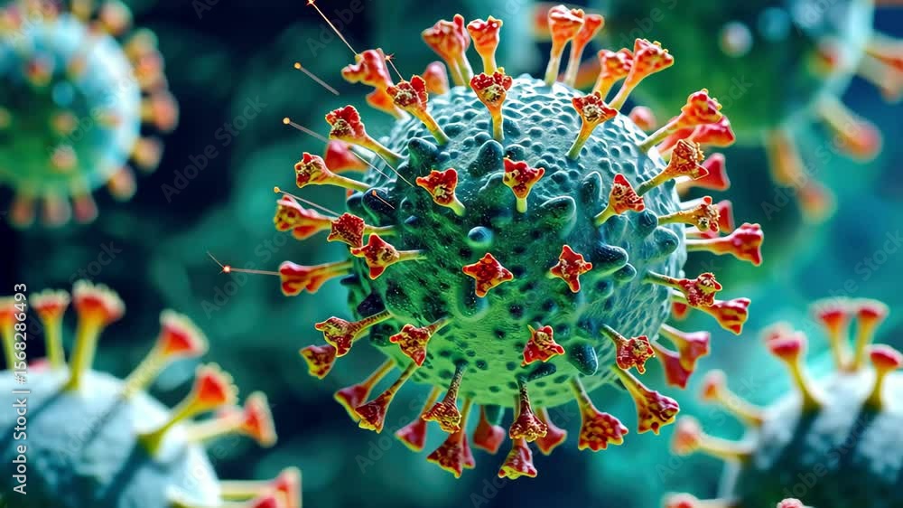 Poster close-up view of a virus with detailed structure highlighting spikes and surface texture in vibrant 