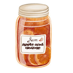 A jar filled with apple and orange jam. Hand-painted in a soft watercolor style with warm tones, perfect for fall or cozy kitchen designs.